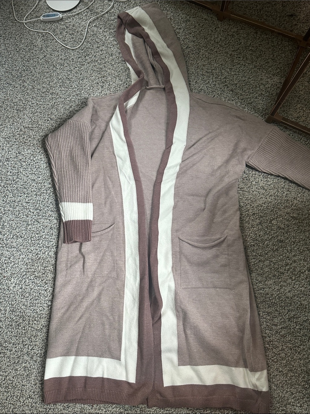 Women's Taupe Hooded Longline Cardigan with Cream Trim